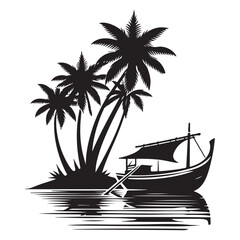 Tropical island boat silhouette vector art perfect vacation getaway