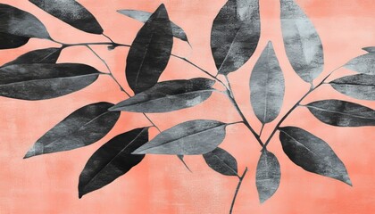 Elegant Floral Design Black and White Silhouettes of Leaves on a Watercolor Pastel Background