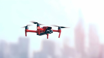 Red Drone Flying Against a Blurry Cityscape in Bright Daylight with Modern Technology