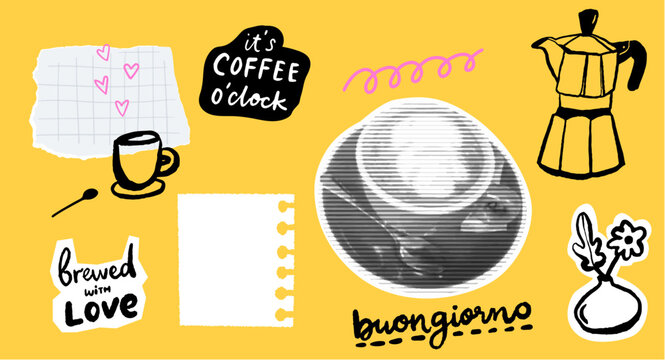 Inspirational coffee collage poster board, halftone cup of coffe and cafe doodles, brewed with love quote