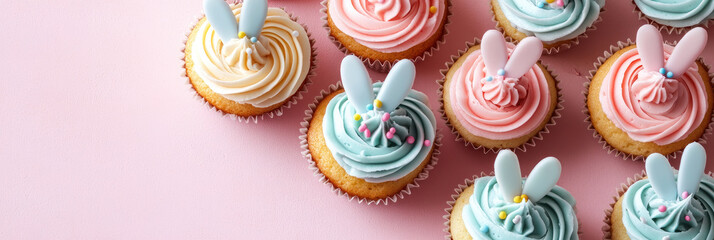 Easter cupcakes with bunny ear decorations and pastel icing, arranged on a soft pink background with space for text. Banner. Copy space. Flat lay. Top view. Mock up.