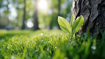 Green grass carpets the forest floor as a tree sways gently in the breeze