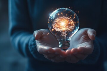 Person holds glowing virtual light  with brain inside. Creative concept of idea and smart thinking.. Businessman or entrepreneur showcase a innovative and inspirational idea, full HD, 32k Resolution