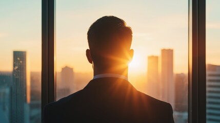 Fototapeta premium A silhouette of a man in a suit gazes out at a sunset over a city skyline, embodying ambition and reflection.