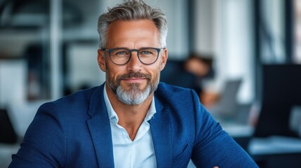 Fototapeta premium Smiling man in midlife participates in a bright business meeting
