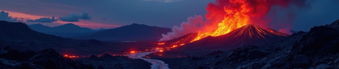 Dark lava flows with fiery glow, smoke ascends to the night sky, twilight sky, fiery, volcanic eruption