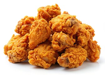 Golden-brown fried chicken, crispy and delicious, piled high against a pristine white backdrop.
