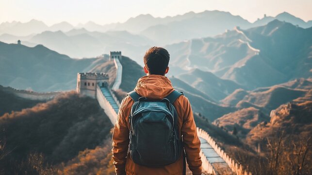 A Solitary Traveler Contemplates the Majestic Great Wall of China's Ancient Wonders Amidst Serene Mountains - Powered by Adobe