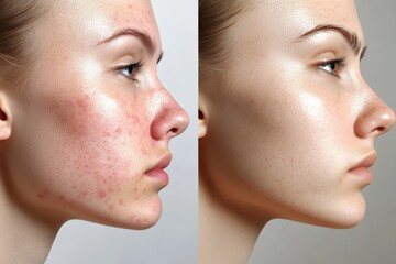 Obraz premium Before and after slider demonstrating smooth skin transformation for acne-prone individuals