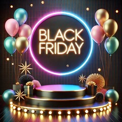 "Black Friday shopping event with neon lights, black balloons, and gift boxes."







