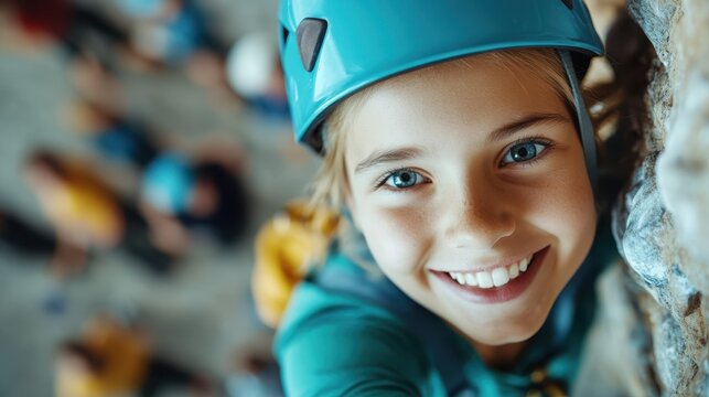 Energetic young climber reaches for the summit in indoor climbing adventure