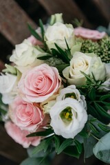 Close-up of a romantic pink and white rose bouquet.