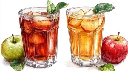 Delightful apple cider served chilled and fresh in a cartoon style