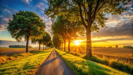 Obraz premium Golden hour bathes a tree-lined country road, painting a serene summer landscape.