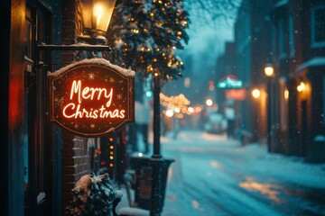 Obraz premium Winter night with Christmas signs on a snowy street