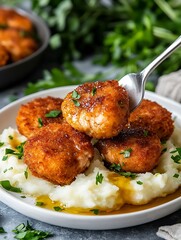 Crispy Salmon Croquettes with Creamy Mashed Potatoes and Fresh Herbs on a Plate