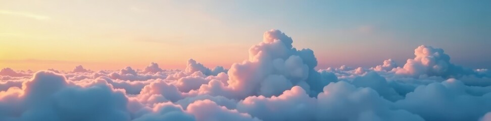 Fluffy white puffs of cloud drift lazily across the blue sky at sunset, serene atmosphere, lazy cloud