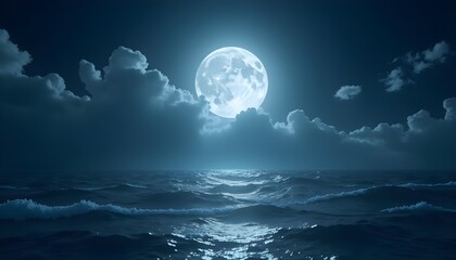 A breathtaking 4K loopable animation of a full moon shining brightly in the night sky, casting a silvery glow over the vast ocean. 