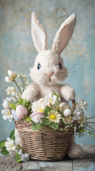 Adorable cartoon Easter bunny with a basket of vibrant flowers on a soothing blue backdrop, perfect for greeting cards and digital illustrations with ample copy space