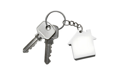 House keys with a white house-shaped keychain, isolated on a white and transparent background, symbolizing homeownership and real estate.