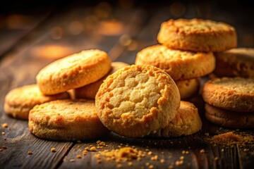 Fototapeta premium Golden shortbread biscuits, crumbly and buttery, shine in delicious low-light photography.