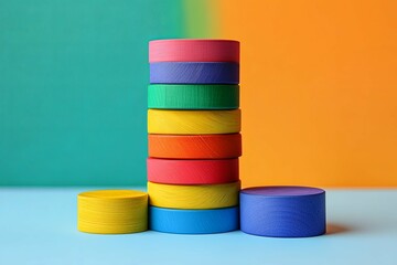 A stack of colorful wooden blocks displays vibrant shades and hues