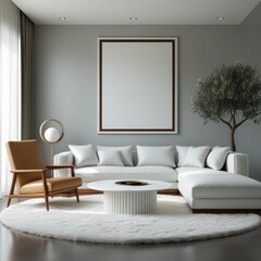 Empty frame mockup in light gray living room interior background, poster frame mockup design, mockup frame