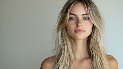 Naklejka premium Blonde woman portrait, studio, neutral background