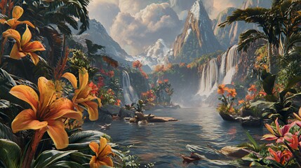 Vibrant Tropical Landscape with Orange Lilies and Waterfalls
