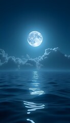 A breathtaking 4K loopable animation of a full moon shining brightly in the night sky, casting a silvery glow over the vast ocean.