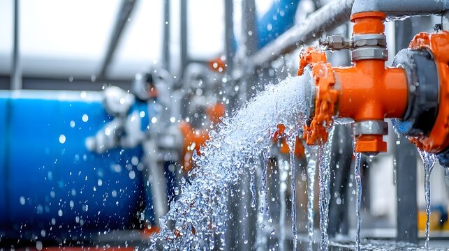 Close up view of a large water tank being refilled by a powerful water blaster with droplets of water visibly dripping and spraying from the nozzle