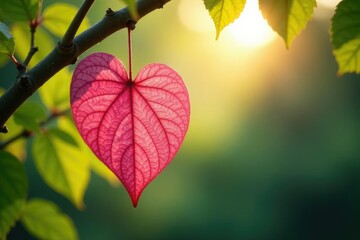 Obraz premium large pink leaf heart hanging from a main branch, sunlight, hang