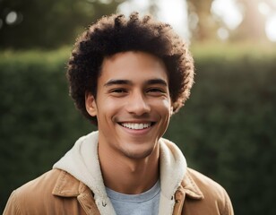 Portrait of young man with joyful smile, hair styled in an afro in a natural setting. Happiness, diversity and outdoor lifestyle concept. AI Illustration