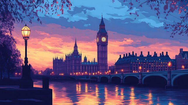 A sleek flat design of Big Ben in silhouette, its intricate clock face faintly illuminated, set against a twilight sky with soft pink and deep blue hues,