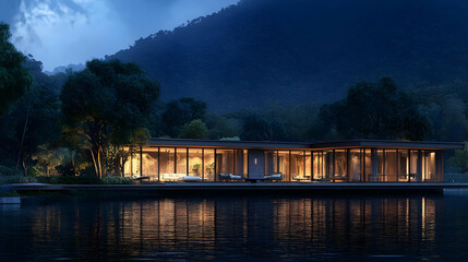 Modern Lakeside Residence Illuminated at Night Reflecting Tranquil Waters and Lush Green Landscape