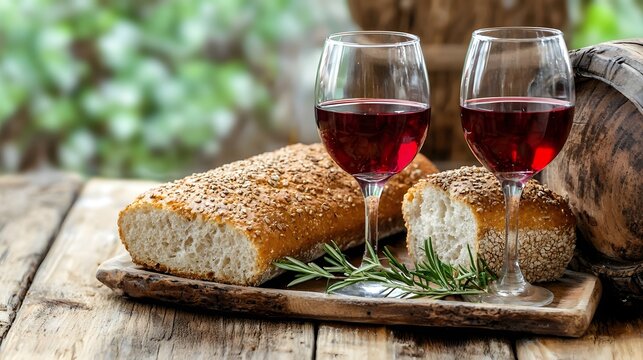 Close up view of wine glasses filled with red wine and traditional unleavened bread used during Passover on a rustic wooden table with a cozy festive atmosphere