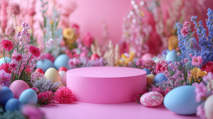 Empty round podium with colorful Easter eggs, spring flowers, and blooming branches in the background. Festive Easter banner for product presentation, seasonal promotions, holiday displays. Copy space