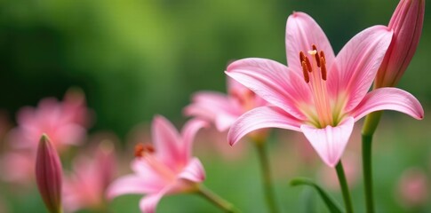 Pastel pink lily flowers blooming in a garden, botanical, gentle