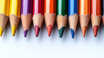 Fototapeta premium Colorful array of sharpened pencils arranged in a straight line on a bright surface