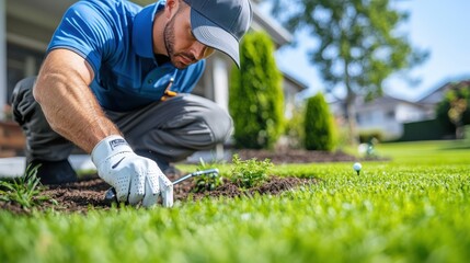 Naklejka premium Cleaning golf clubs in the garden for better performance