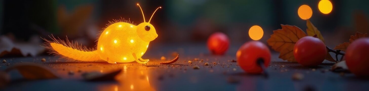 Petite citrouille jaune ?clair?e par de minuscules lanternes cerises, autumn night, glowing, autumn decor