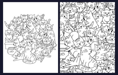 Coloring pages set with cute playful cats. Doodle feline characters templates collection for coloring book for kids and adults. Vector illustration