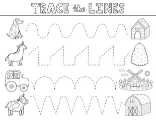 Trace the lines activity page in outline with cute farm animals. Handwriting practice black and white worksheet for kids. Educational game for preschool. Vector illustration