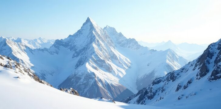 Shiny white snow-covered mountain peaks in the morning light, bright, mountain range
