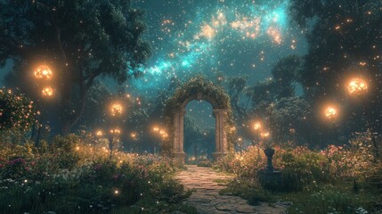 Fototapeta premium Enchanted Garden Path Under a Starry Night
