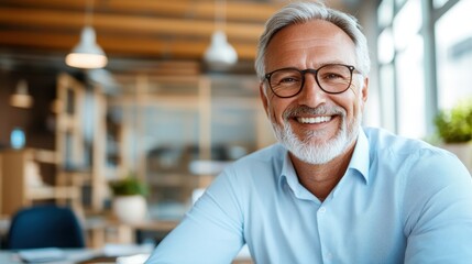 Fototapeta premium Middle-aged man enjoys engaging conversation in bright office setting