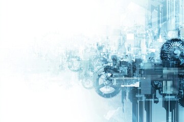 Conceptual image with cityscape and gear mechanism. Mixed media