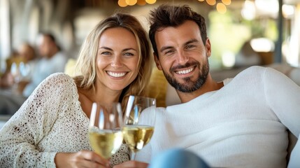 Young couple savoring a romantic evening in a cozy hotel room with wine