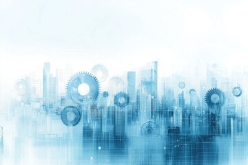 Obraz premium Conceptual image with cityscape and gear mechanism. Mixed media