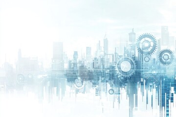 Obraz premium Conceptual image with cityscape and gear mechanism. Mixed media